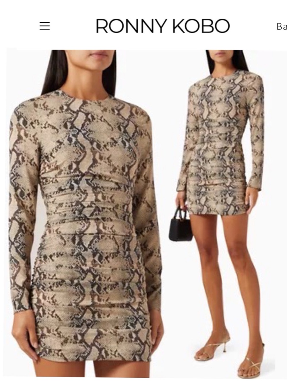 Ronny Kobo Adelheid Silk Snake Print Ruched Mini Dress Small S Long Sleeve